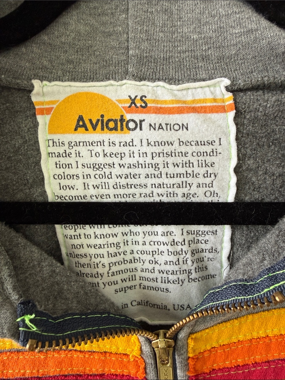 Aviator Nation Grey Hoodie with Yellow, Orange, Red and Blue Stripes - Picture 2 of 4